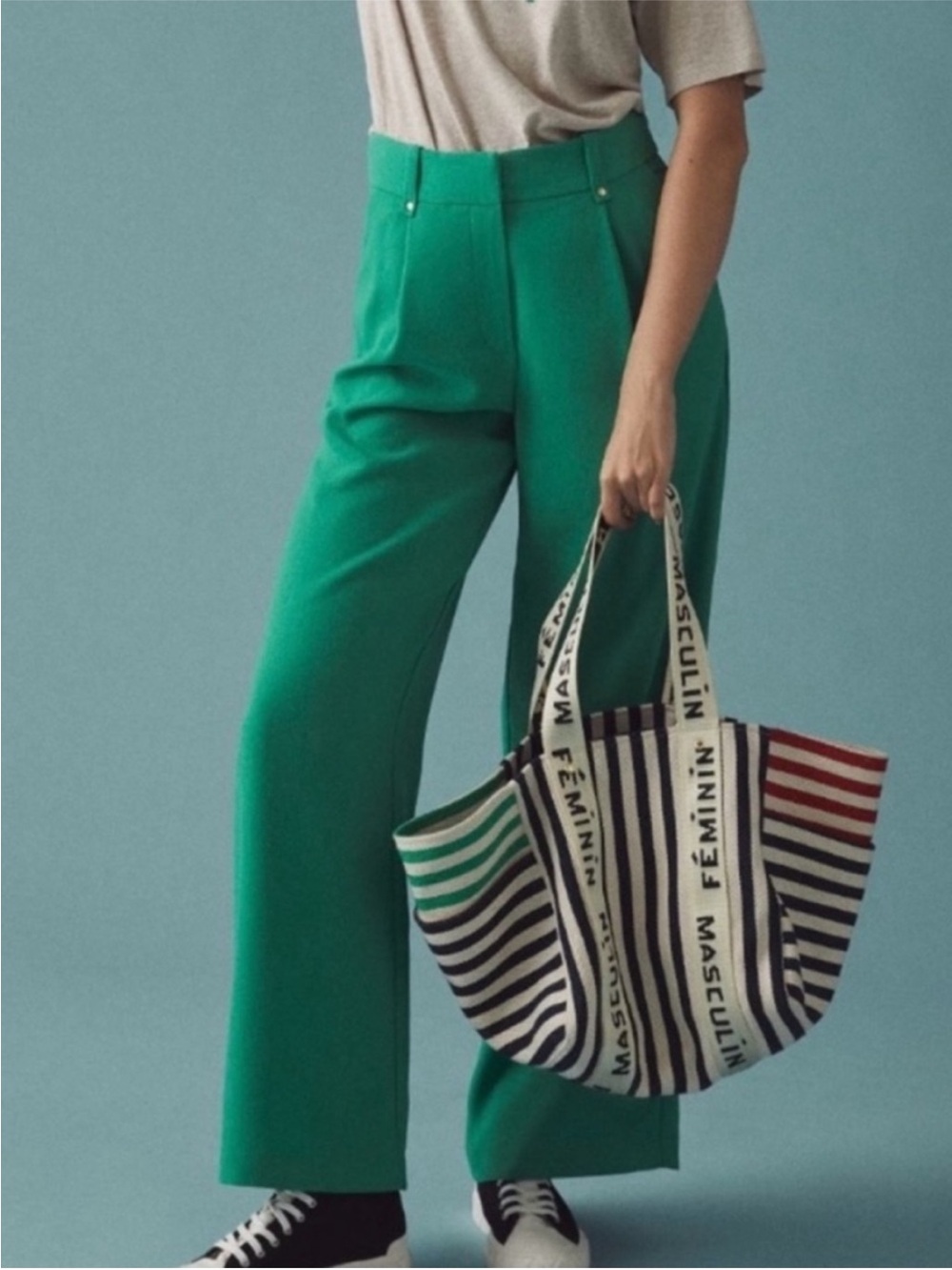 Wide Leg High-Rise Trousers in Green with floral top